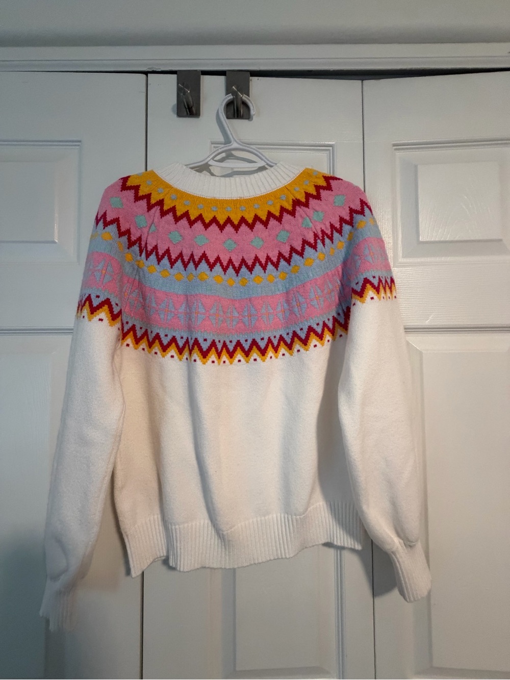Sugarlips White Crewneck Sweater with Pink, Yellow & Blue Fair Isle Yoke - Picture 3 of 8